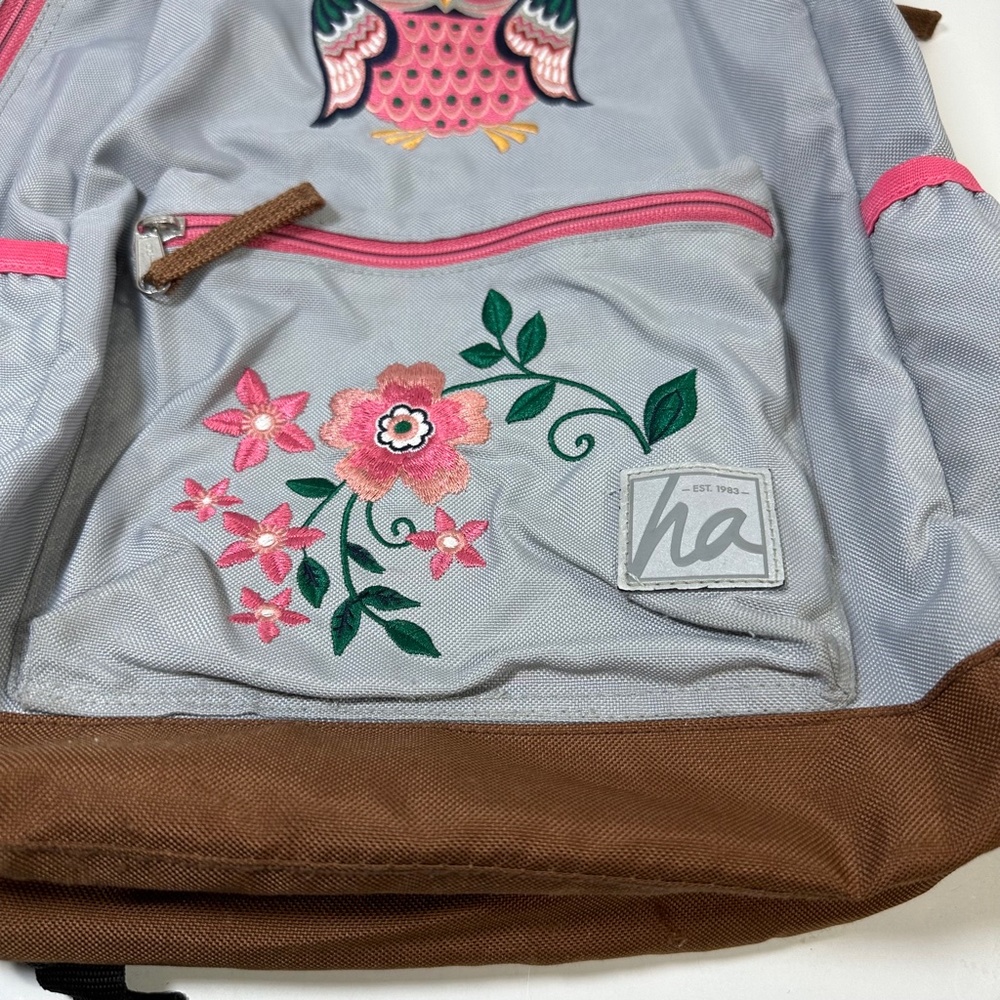 Hanna Andersson Embroidered Owl Flowers Full Size Backpack Gray Pink - Picture 2 of 12